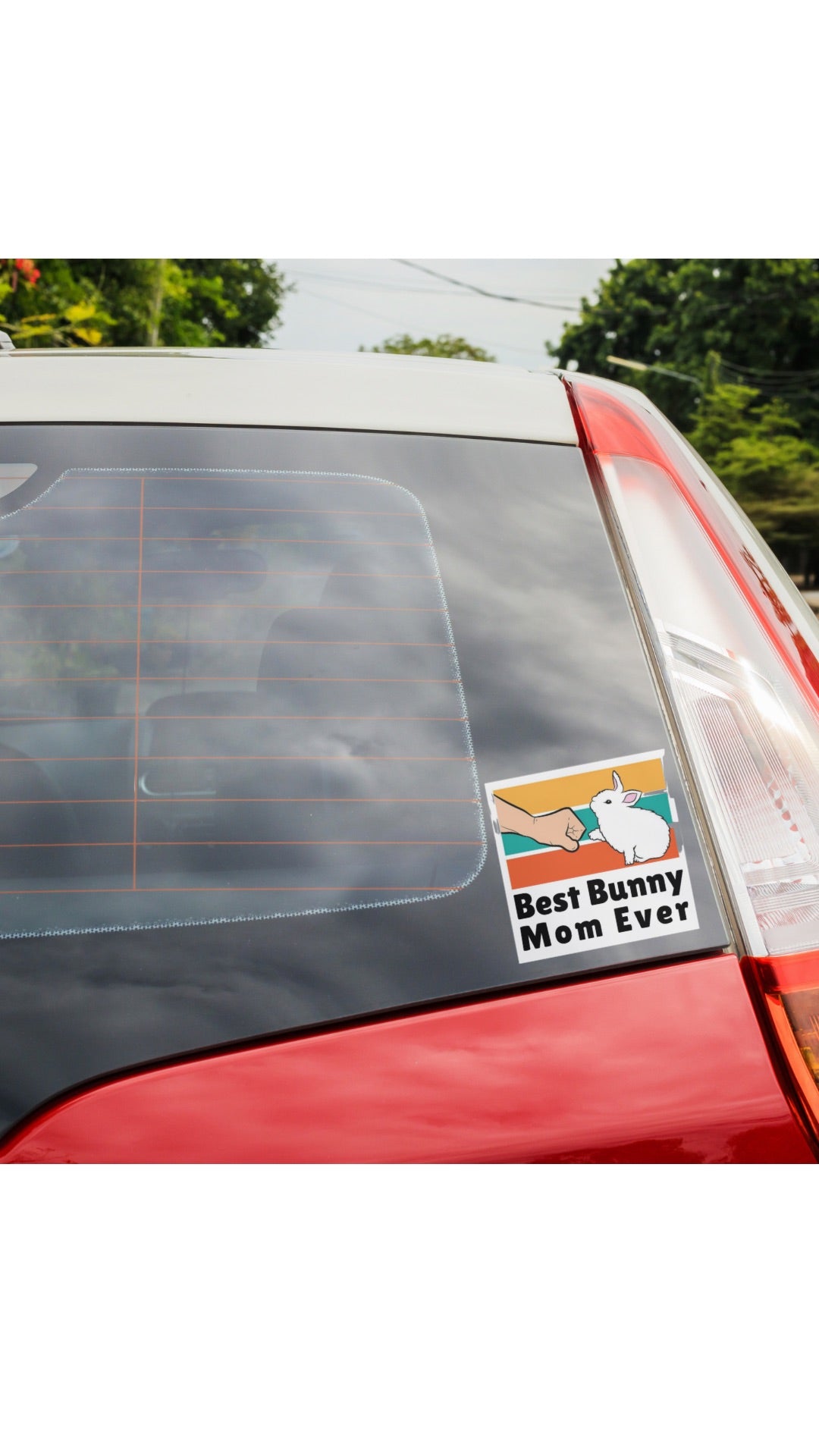 window sticker with a bunny fist bumping and the text "best bunny mom ever"