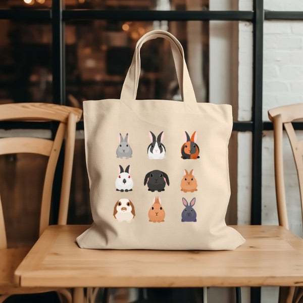 Canvas tote bag with pictures of different bunny breads