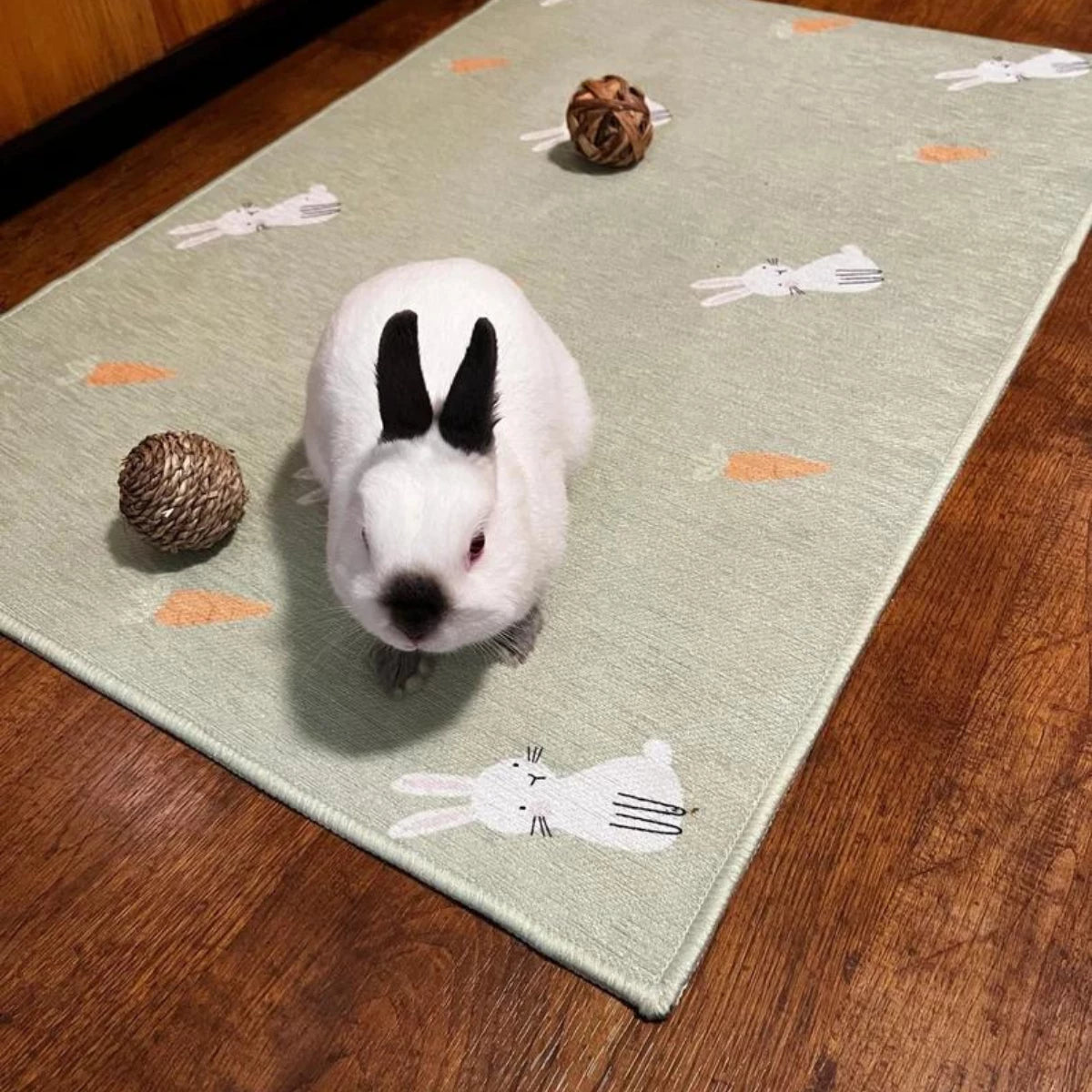 Green rug with cartoon rabbits and carrots